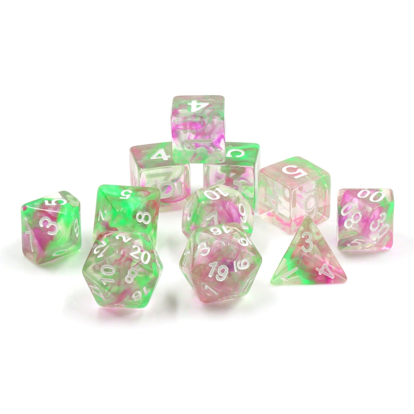 Polyhedral Dice Set | Acrylic | "Pearl Swirl" Green + Purple | Set of 11 (D1111)