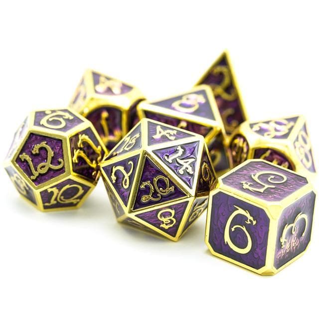 Metal Dice | Purple Enamel w/ Gold Dragon | Set of 7
