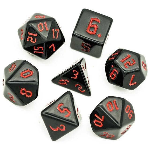 RPG Dice | Solid Black (Red Ink) | Set of 7