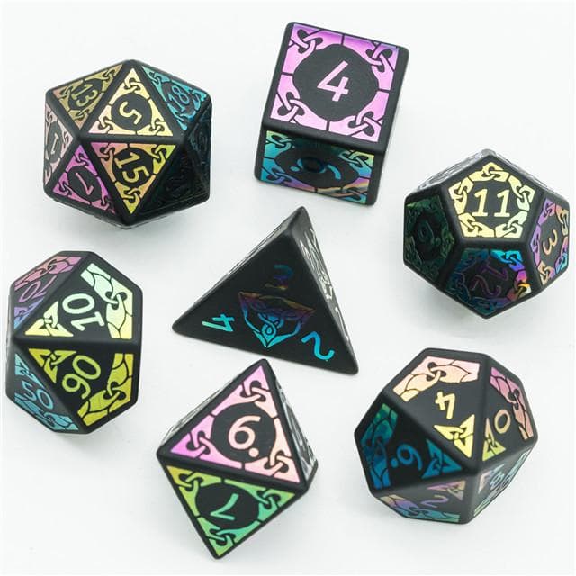 Gemstone Dice | Matte Obsidian w/ Rainbow Foil Celtic Knot | Set of 7