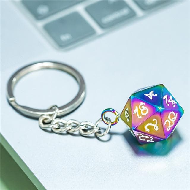 Rainbow Chrome d20 Dice Keychain | White Ink Dragon