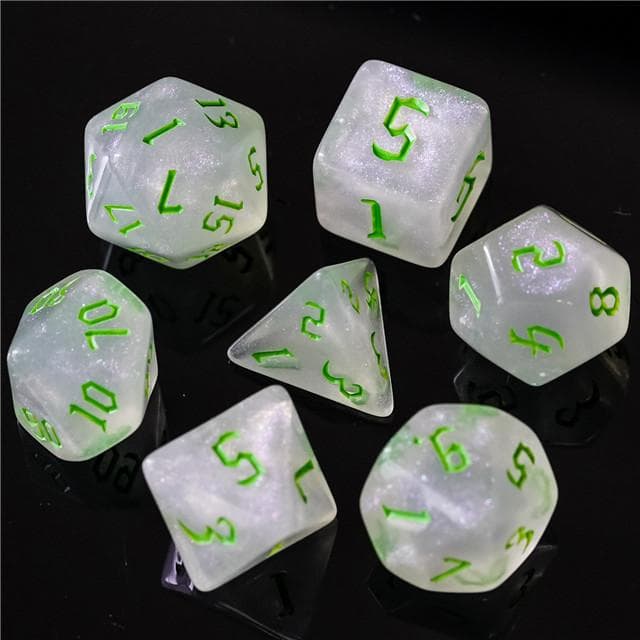 Polyhedral Dice Set | Acrylic | "Moonstone Thorns" Green Ink | Set of 7 (D0123)