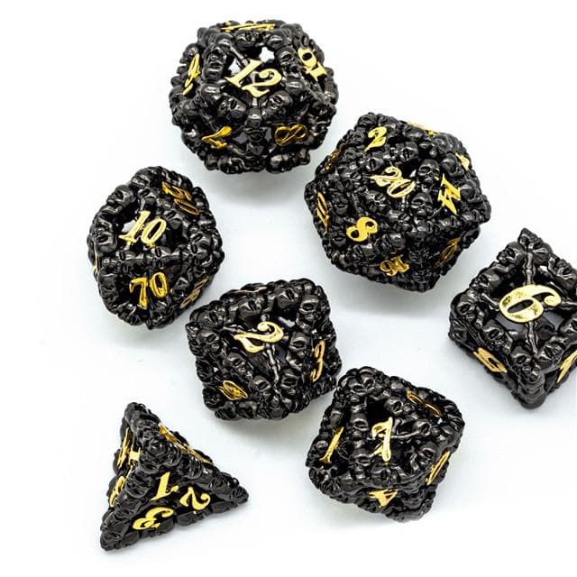 Metal Dice | Hollow "Skull" Black & Gold | Set of 7