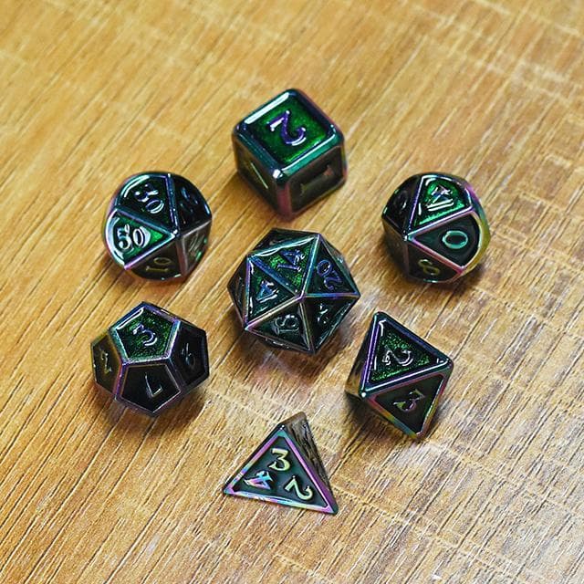 Metal Dice - Green Enamel w/Rainbow - Set of 7