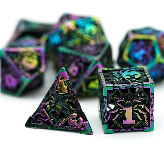 Metal Dice | Hollow "Spider" Rainbow | Set of 7