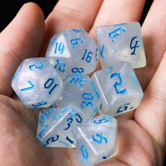 Polyhedral Dice Set | Acrylic | "Moonstone Thorns" Blue Ink | Set of 7 (D0122)
