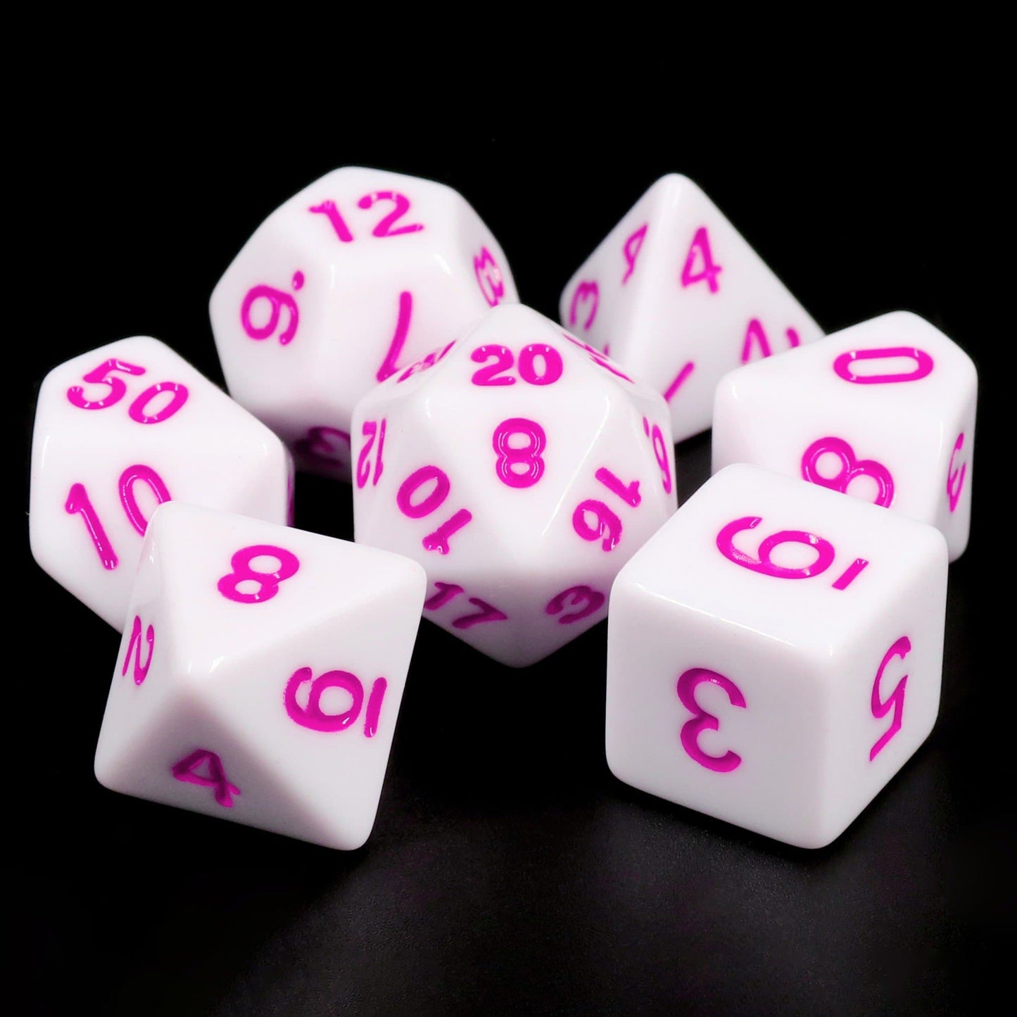 Polyhedral Dice Set | Acrylic | Solid White (Purple Ink) | Set of 7 (D0103)