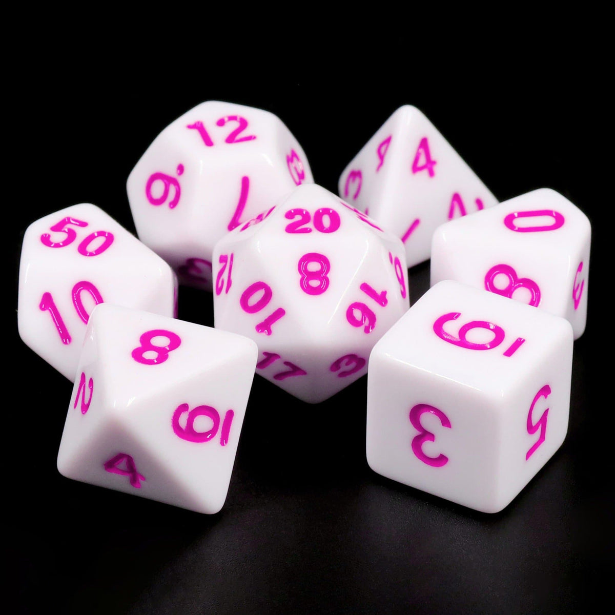 Polyhedral Dice Set | Acrylic | Solid White (Purple Ink) | Set of 7 (D0103)