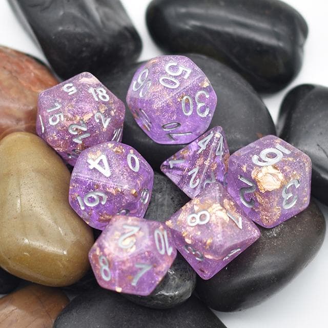 RPG Dice | "Gold Leaf" Purple & Silver | Set of 7
