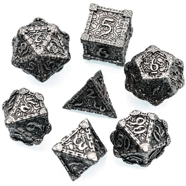 Metal Dice | "Dagger of Venom" Tumbled Silver | Set of 7