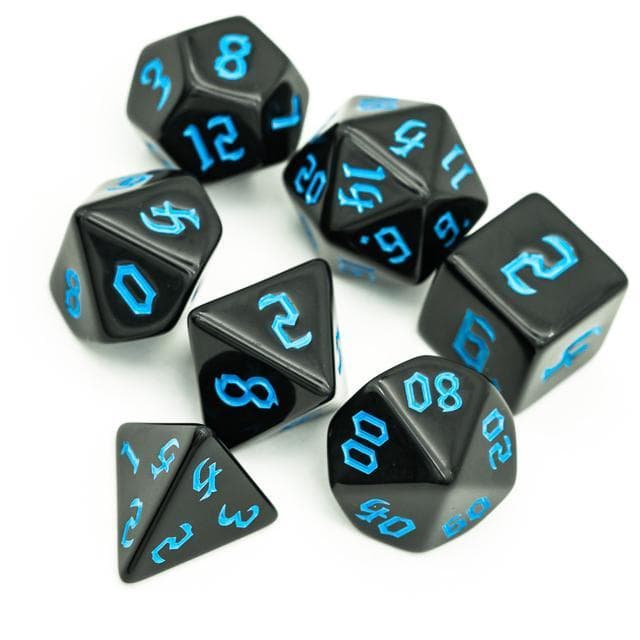 RPG Dice | Solid Black (Blue Ink) | Set of 7