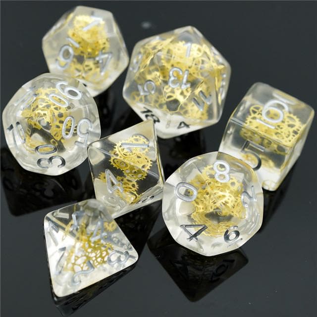 Polyhedral Dice Set | Resin | "Golden Gears" Suspended Gear | Set of 7 (D0117)