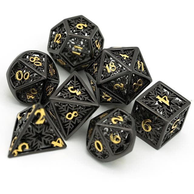 Metal Dice | Hollow "Snowflake" Black & Gold | Set of 7