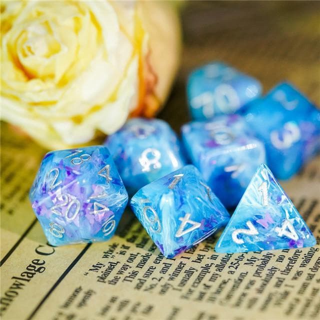 RPG Dice - "Dancing Butterfly" Blue/white - Set of 7