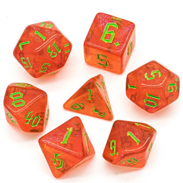 Polyhedral Dice Set | Acrylic | "Strawberry Thorns" Green Ink | Set of 7 (D0184)