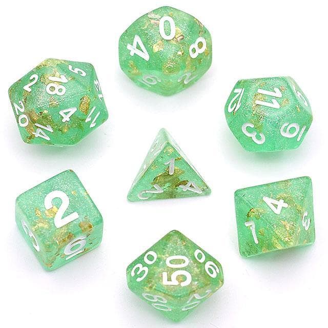 Polyhedral Dice Set | Acrylic | Green "Gold Leaf" | Set of 7 (D0058)