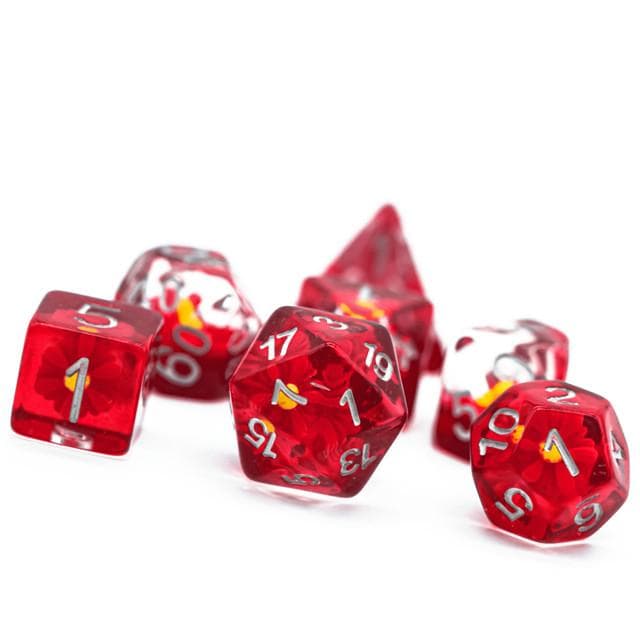 RPG Dice | "Suspended Daisy" Red (Silver Ink) | Set of 7