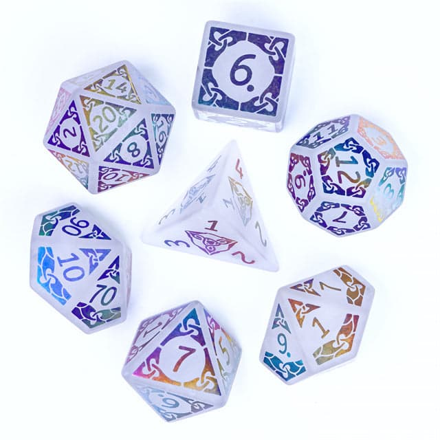 Polyhedral Dice Set | Gemstone | White Quartz w/ Rainbow Foil Celtic Knot | Set of 7 (D0215)
