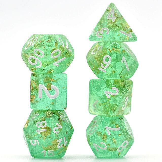 Polyhedral Dice Set | Acrylic | Green "Gold Leaf" | Set of 7 (D0058)