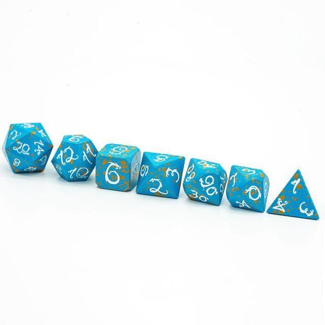 Metal Dice | Blue & Yellow w/ White Dragon | Set of 7