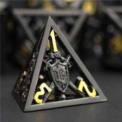 Metal Dice | Hollow "Shield" Black & Gold | Set of 7
