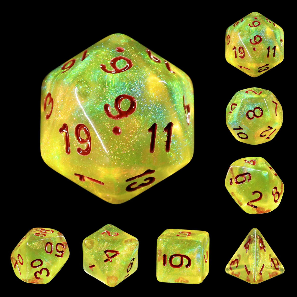 Polyhedral Dice Set | Acrylic | "Acidic Slime" (Red Ink) | Set of 7 (D0060)