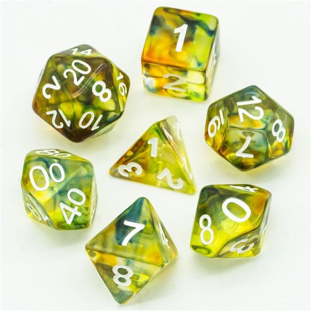 Polyhedral Dice Set | Resin |  "Stained Glass" Yellow & Green | Set of 7 (D0026)
