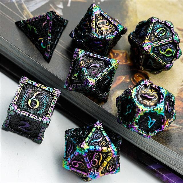 Metal Dice | "Dagger of Venom" Rainbow Black | Set of 7