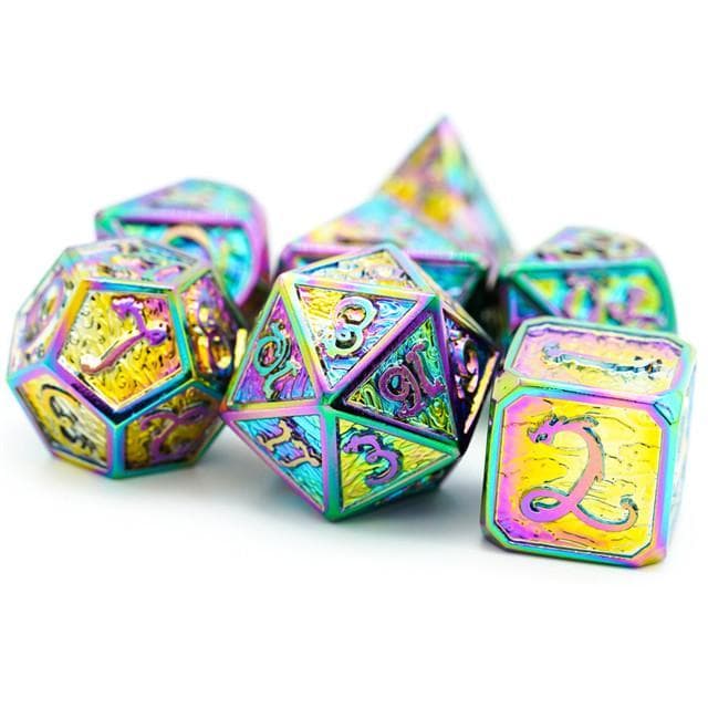 Metal Dice | Rainbow Chrome w/Dragon and Clouds | Set of 7