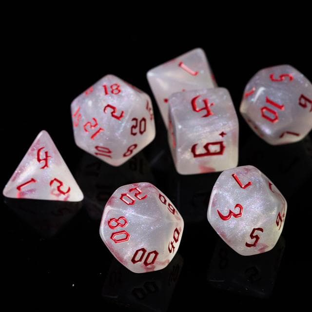 Polyhedral Dice Set | Acrylic | "Moonstone Thorns" Red Ink | Set of 7 (D0182)