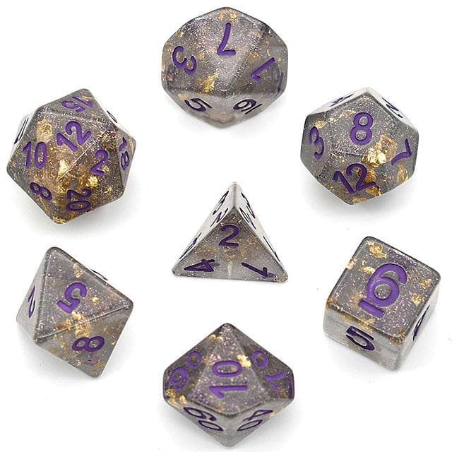 Polyhedral Dice Set | Acrylic | "Gold Leaf" Grey & Purple | Set of 7 (D0032)