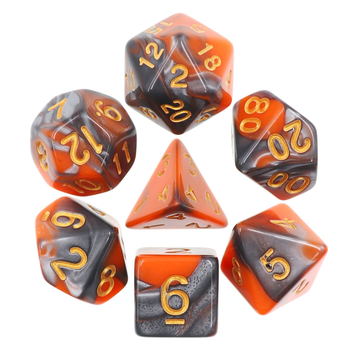 RPG Dice | "Molten Steel" Blend Silver Orange | Set of 7