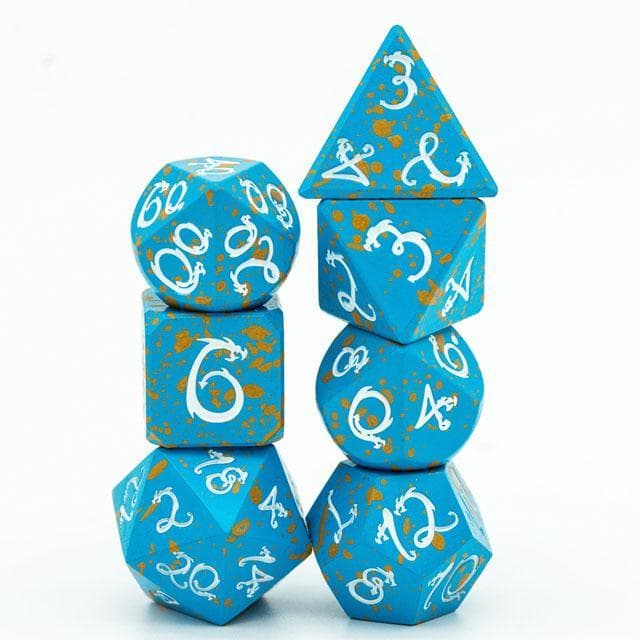 Metal Dice | Blue & Yellow w/ White Dragon | Set of 7