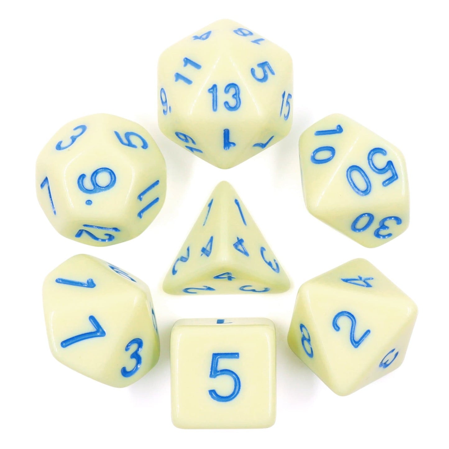 Polyhedral Dice Set | Acrylic | Pastel Eggshell (Blue Ink) | Set of 7 (D0144)