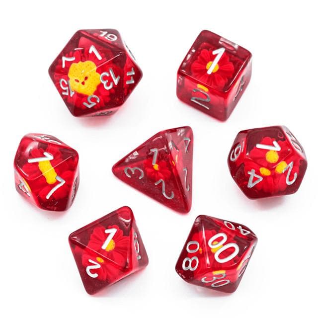 RPG Dice | "Suspended Daisy" Red (Silver Ink) | Set of 7
