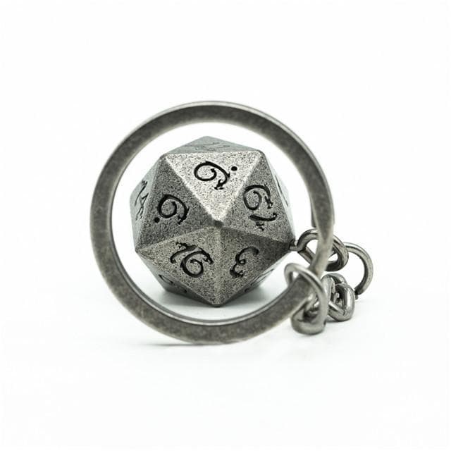 Weathered Silver d20 Dice Keychain | Black Ink Dragon
