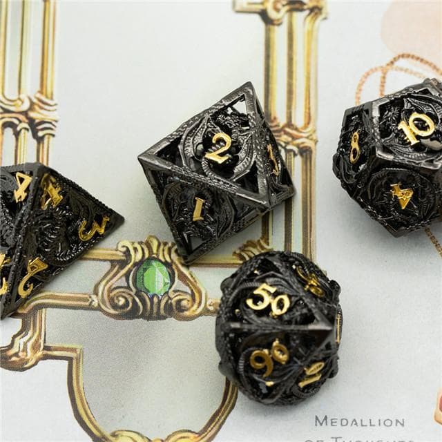 Metal Dice | Hollow "Dragon" Black w/Gold | Set of 7