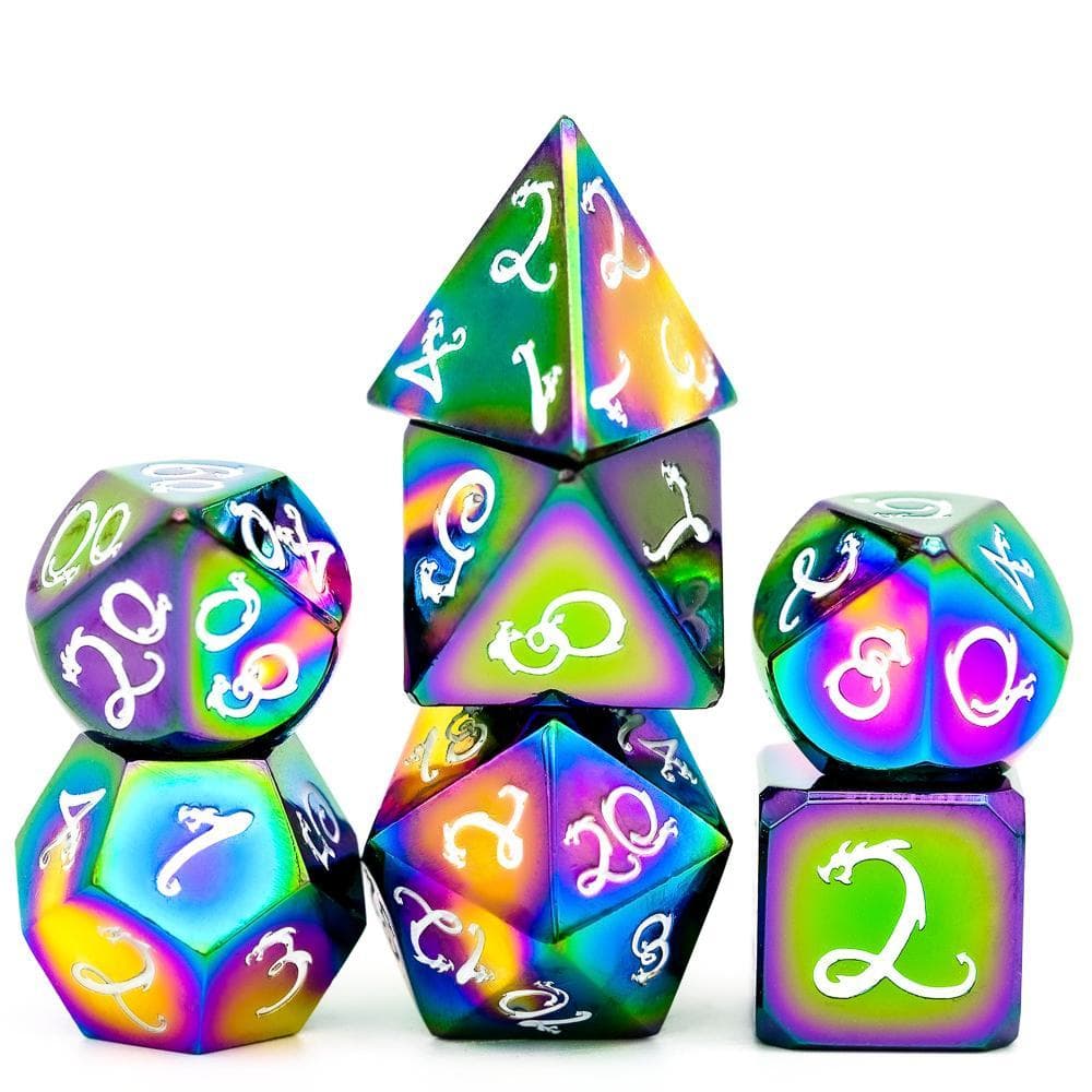 Metal Dice | Rainbow Chrome w/Dragon (White Ink) | Set of 7
