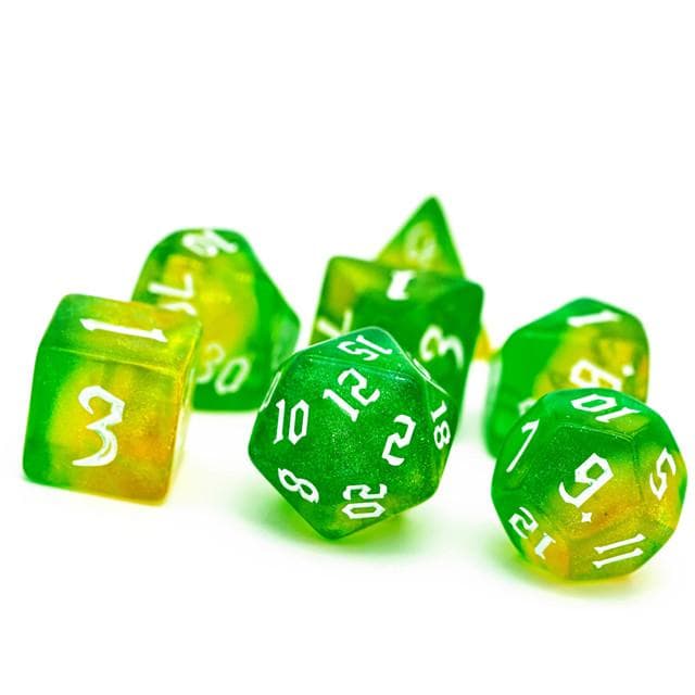 Polyhedral Dice Set | Acrylic | "Citrus Thorns" White Ink | Set of 7 (D0291)