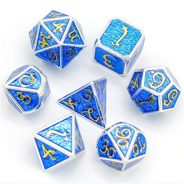 Metal Dice | Silver w/ Blue Enamel & Gold Dragon | Set of 7