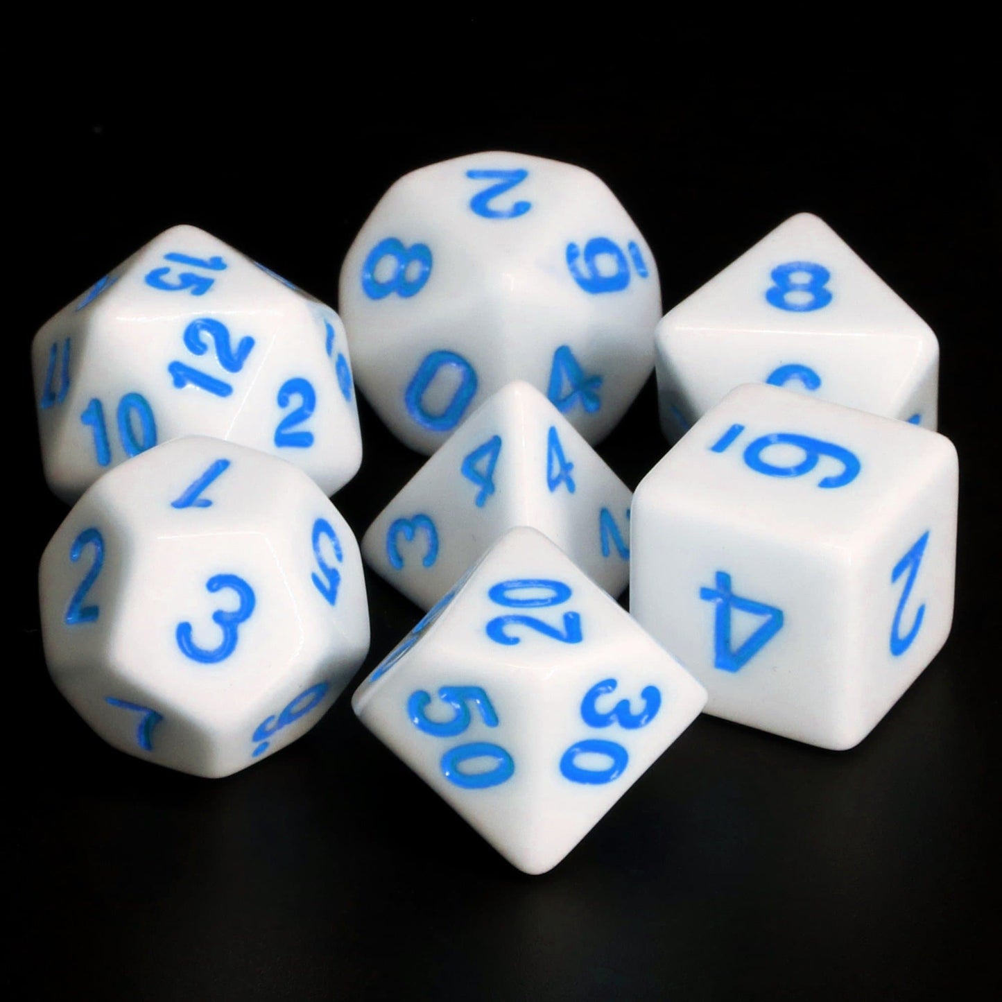 Polyhedral Dice Set | Acrylic | Solid White (Blue Ink) | Set of 7 (D0102)