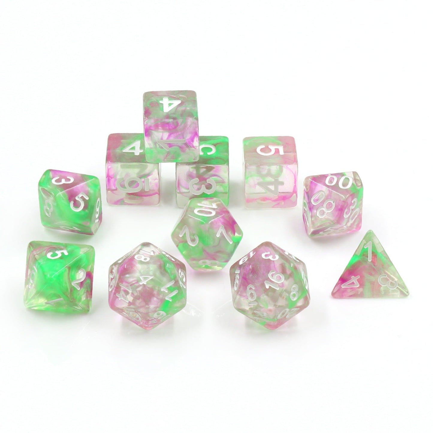 Polyhedral Dice Set | Acrylic | "Pearl Swirl" Green + Purple | Set of 11 (D1111)