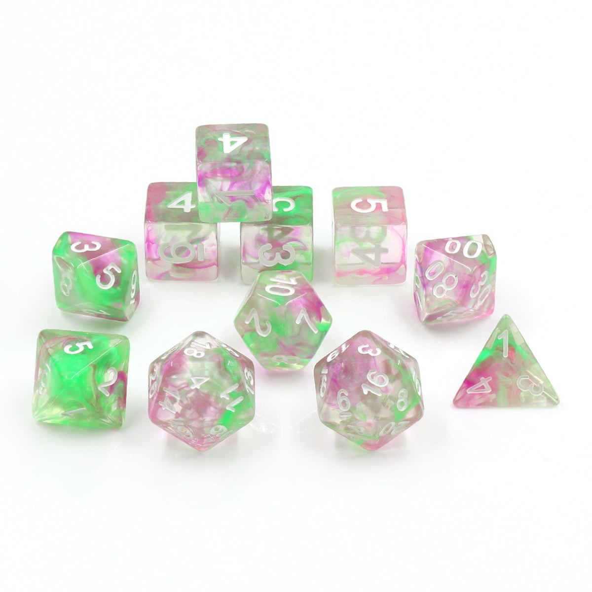 Polyhedral Dice Set | Acrylic | "Pearl Swirl" Green + Purple | Set of 11 (D1111)