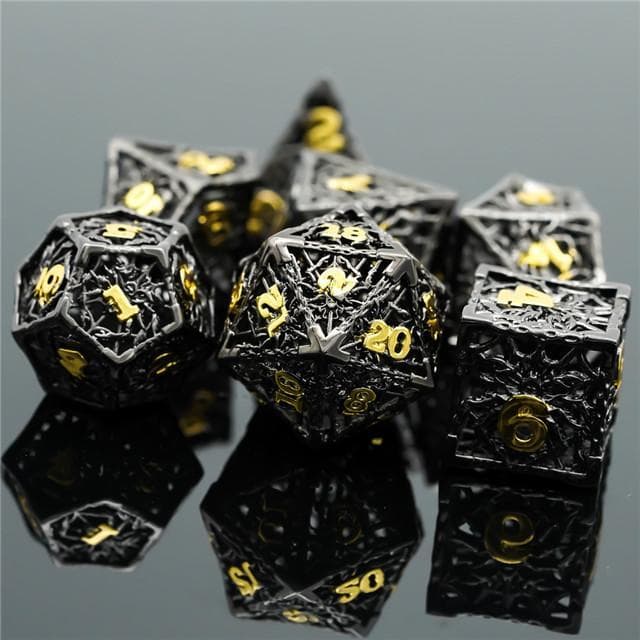 Metal Dice | Hollow "Spider" Black & Gold | Set of 7