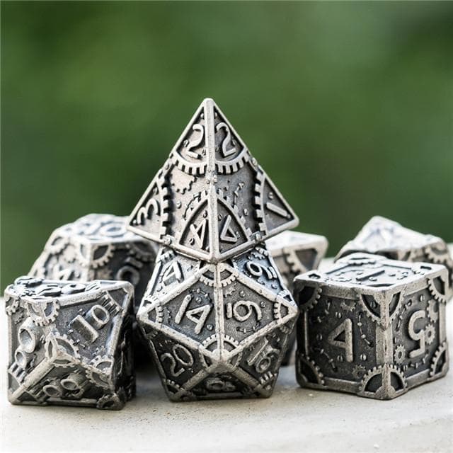 Metal Dice | "Grinding Gears" Silver | Set of 7