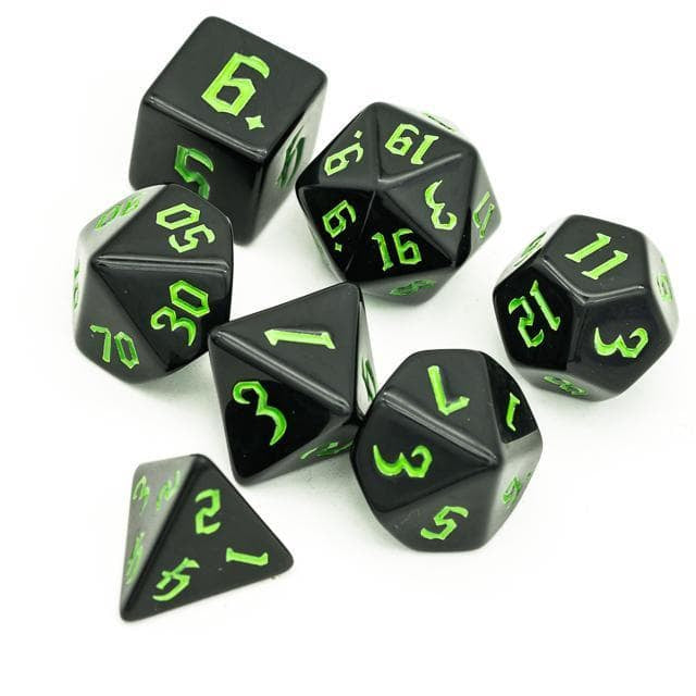 RPG Dice | Solid Black (Green Ink) | Set of 7