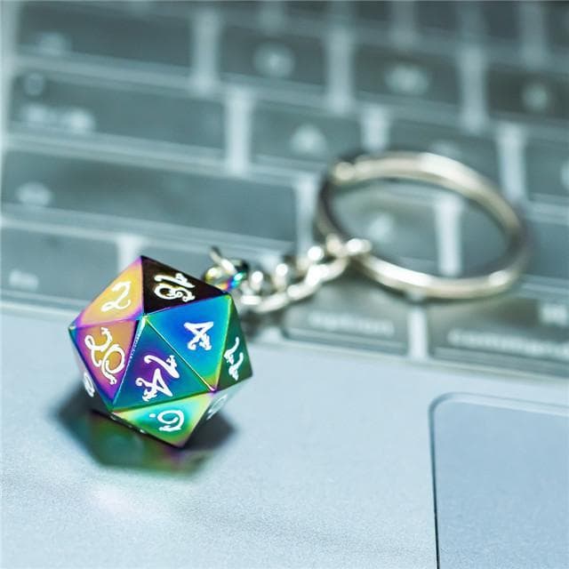 Rainbow Chrome d20 Dice Keychain | White Ink Dragon