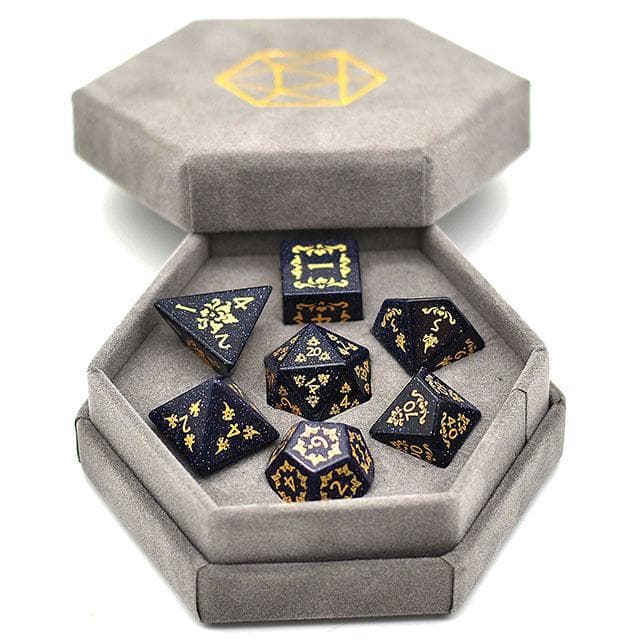 Gemstone Dice - Blue Goldstone Filigree - Set of 7