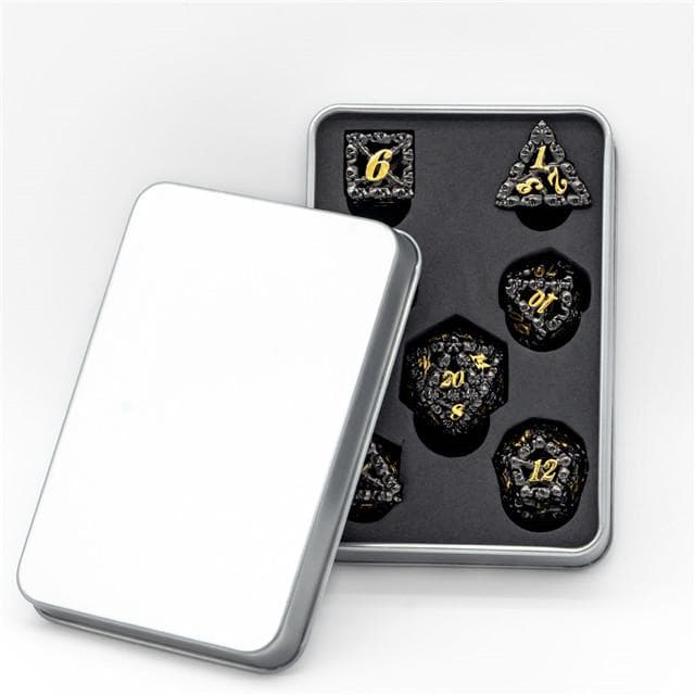 Metal Dice | Hollow "Skull" Black & Gold | Set of 7
