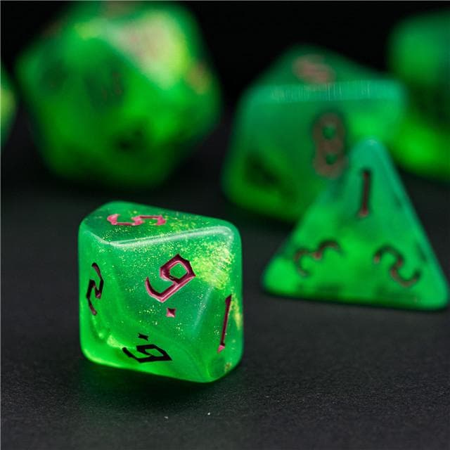 Polyhedral Dice Set | Acrylic | "Toxic Thorns" Magenta Ink | Set of 7 (D0185)